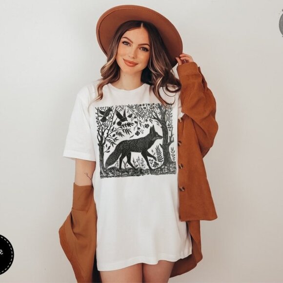 Gildan Other - Folklore Forest Fox Lino Print Shirt, Vintage Forestcore TShirt